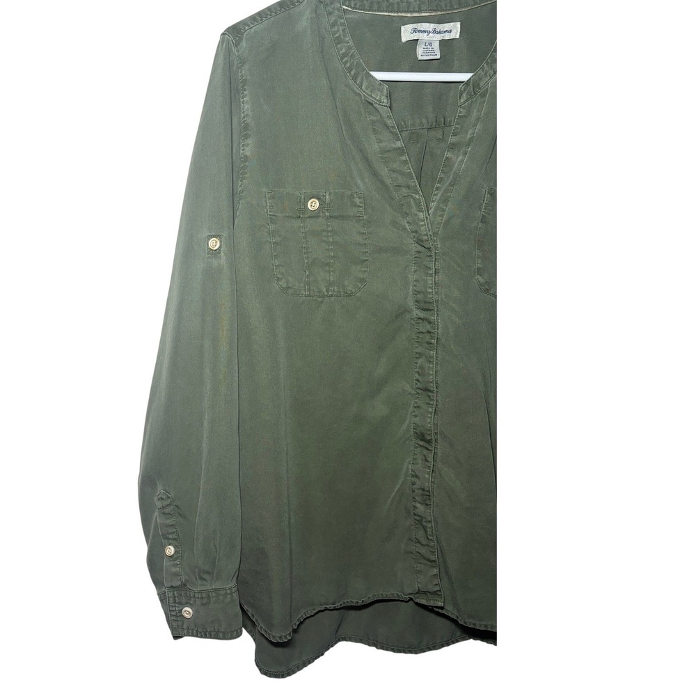 Tommy Bahama Olive Green Collared Button-Front Utility Shirt Womens Large - Picture 3 of 7